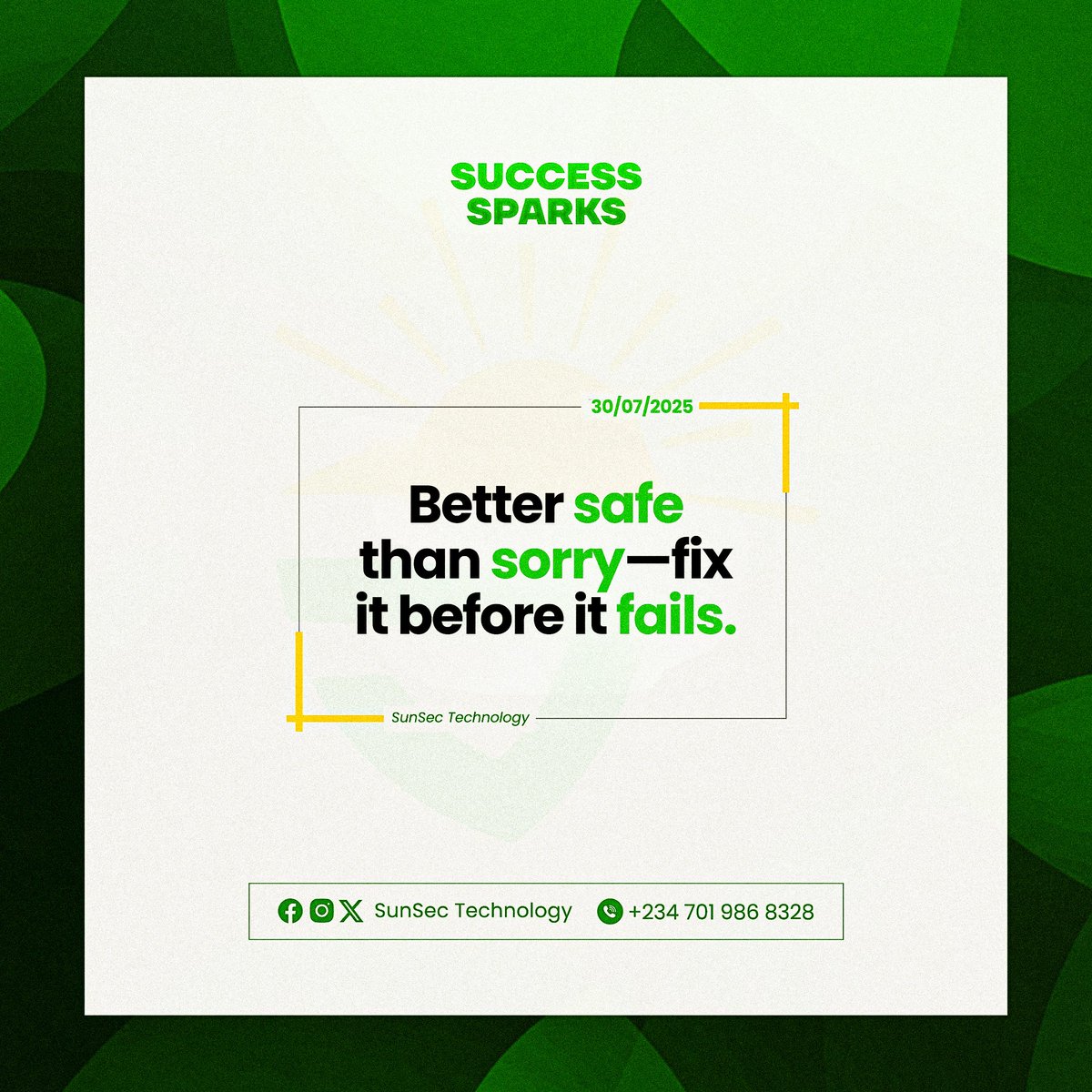 SunSecTech's tweet image. Don’t wait till it breaks! One smart fix today can save you millions tomorrow.

#SuccessSparks 
#SmartFixes 
#SunSecSolutions 
#StaySafe 
#SunSecTechnology 
#TechThatWorks