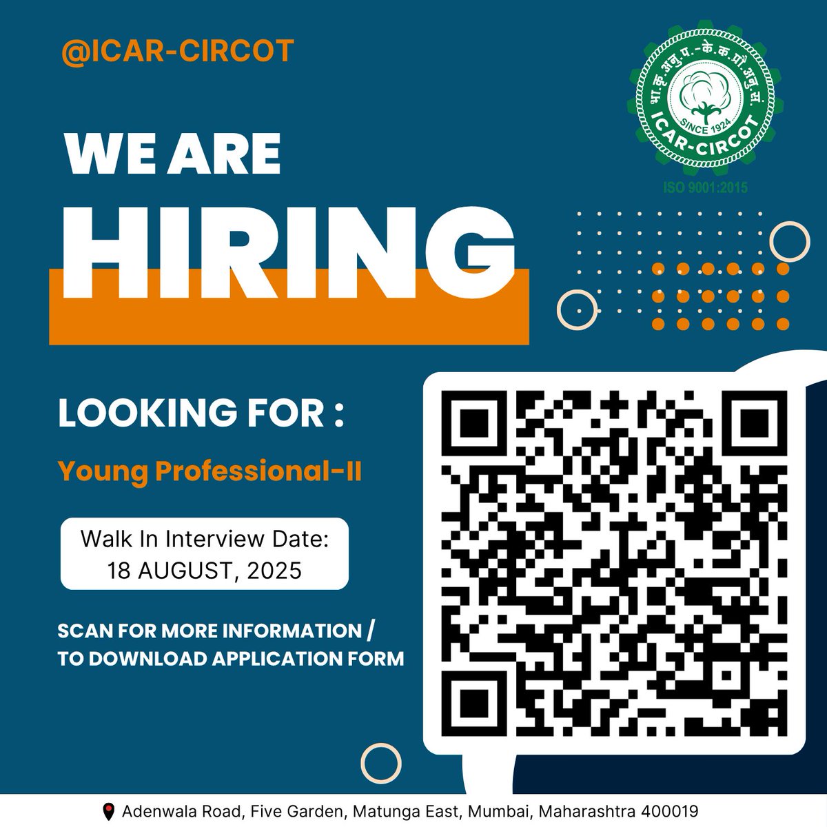 📢 Walk-in Interview Alert!
ICAR-CIRCOT, Mumbai invites eligible candidates for:
👨‍🔬 Young Professional – II
📅 Date: 18 August 2025
📍 Venue: ICAR-CIRCOT, Mumbai drive.google.com/file/d/1zD471A…
📱 Scan QR code for more info!
