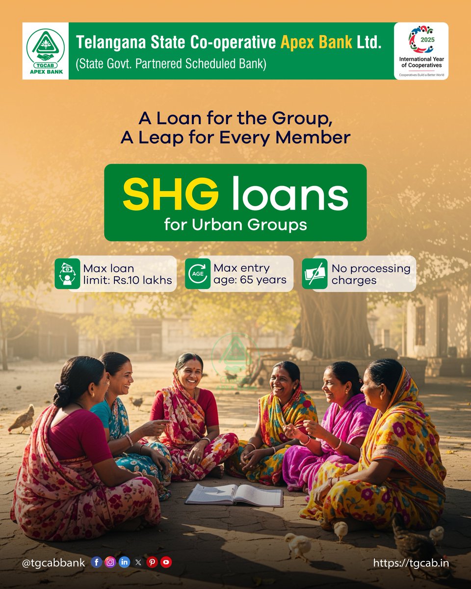 tgcabbank's tweet photo. A Loan for the Group, A Leap for Every Member
SHG loans for Urban Groups
โช๏ธMax loan limit Rs. 10 lakhs
โช๏ธMax entry age 65 years
โช๏ธNo processing charges
#SHGloans #TGCAB #WomenEmpowerment #UrbanSHGs #FinancialFreedom #CooperativeBank #GroupLoan #SelfHelpGroups https://t.co/mIEDFHRziI