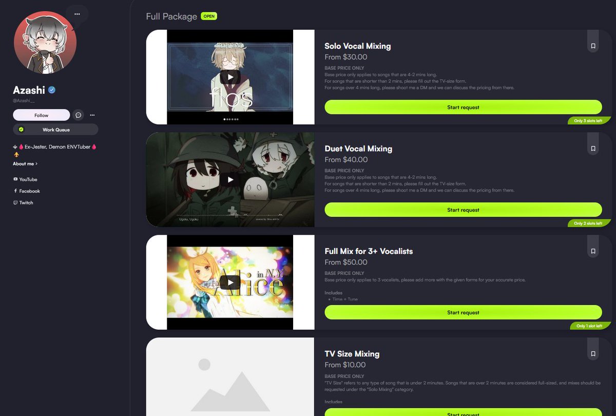 Azashi__'s tweet image. ❗️❗️Slots are open again! ❗️❗️
I&apos;ve added a mix for 3+ vocalists, and I&apos;ve made the Harmony Guides and Artificial harmonies add-ons cheaper for you chorus enthusiasts!

Prices have also changed, apart from the TV Size package.

Don&apos;t hesitate to DM me if you have questions!