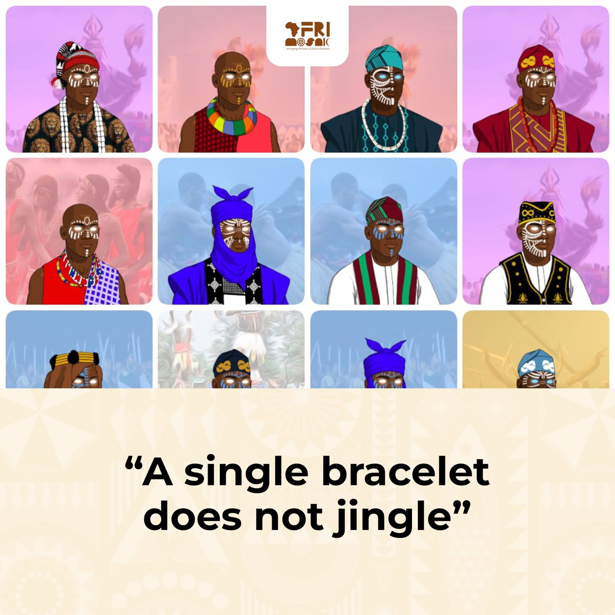 AfriMosaic (@afrimosaic) on Twitter photo The beauty of a culture shines through its proverbs, weaving together strength & unity.
Just as "A single bracelet does not jingle", <a href="/AfriMosaic/">AfriMosaic</a> reminds us that togetherness creates harmony.
Share your favorite cultural proverb that your parents told you & what they mean in CS. The beauty of a culture shines through its proverbs, weaving together strength & unity.
Just as "A single bracelet does not jingle", <a href="/AfriMosaic/">AfriMosaic</a> reminds us that togetherness creates harmony.
Share your favorite cultural proverb that your parents told you & what they mean in CS.