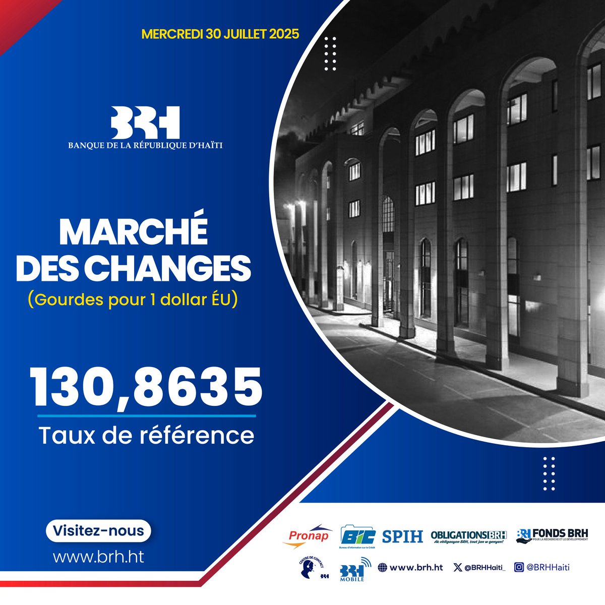 Taux de référence du 30/07/2025:130,8635

brh.ht/taux-du-jour/
 
#BRHHaiti #TauxDeRéférence