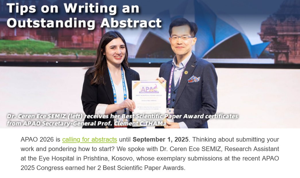[APAO 2026 newsletter - 3rd issue]

Your APAO 2026 cheat sheet is here! You'll get:
✍️ Abstract writing hacks
📋 Updated exhibitor rules
🗣 Leadership Perspective

Position yourself at ophthalmology's forefront! Read more: bit.ly/44SlyGA

#Ophthalmology #APAO2026