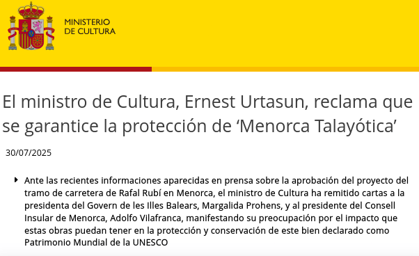 📢 El ministre de Cultura reclama garanties per a la protecció de Menorca Talaiòtica 🏛️🛑
⚠️ Abans d’avançar amb obres irreversibles, cal una valoració oficial del Centre de Patrimoni Mundial.
cultura.gob.es/ca/actualidad/…