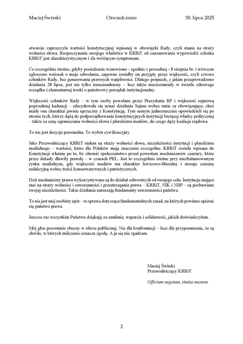 Szanowni Państwo,
Poniżej moje oświadczenie podsumowujące sekwencję wydarzeń ostatnich dni. Zamieszczam też wersję obrazkową.

Maciej Świrski
OŚWIADCZENIE
z dnia 30.07.2025
Chciałbym z całego serca podziękować za niezwykle liczne i – dla mnie osobiście – poruszające słowa