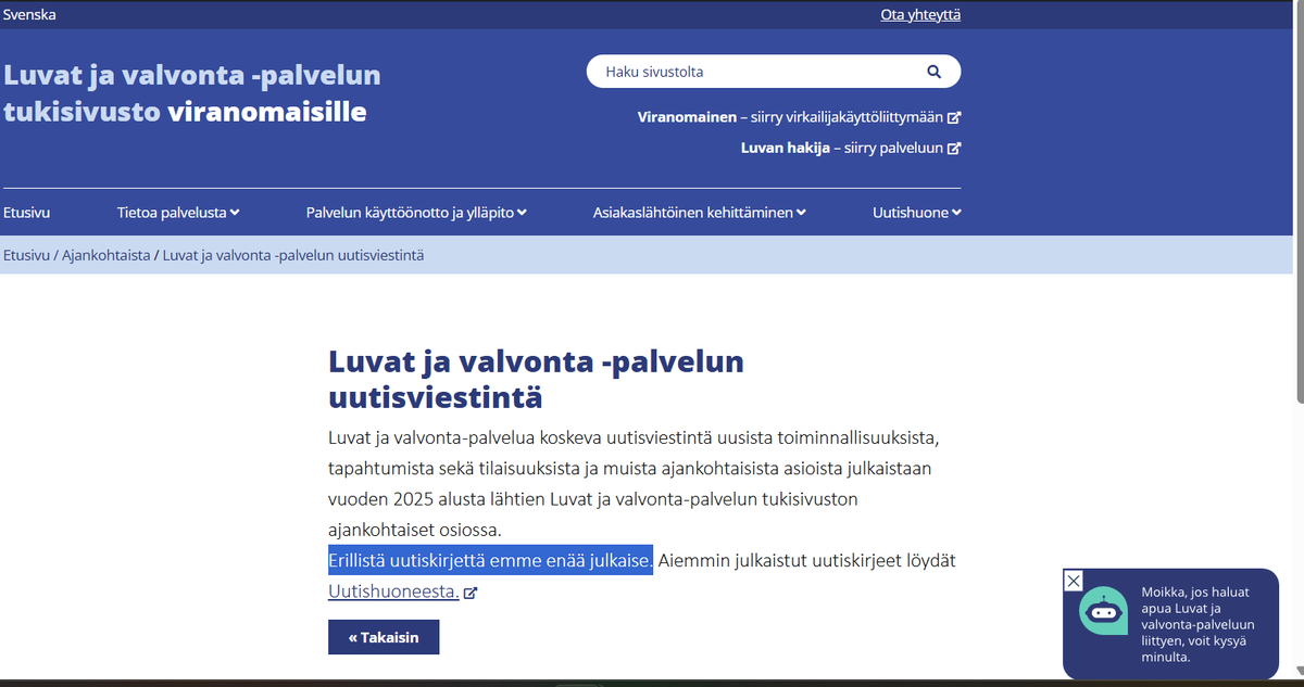Luvat ja valvonta -palvelua koskeva uutisviestintä viranomaisille uusista toiminnallisuuksista, tapahtumista sekä tilaisuuksista ja muista ajankohtaisista asioista julkaistaan palvelun tukisivuston ajankohtaiset osiossa #yksiluukku #digiluvat👉 luvatjavalvonta.fi/ajankohtaista/…
