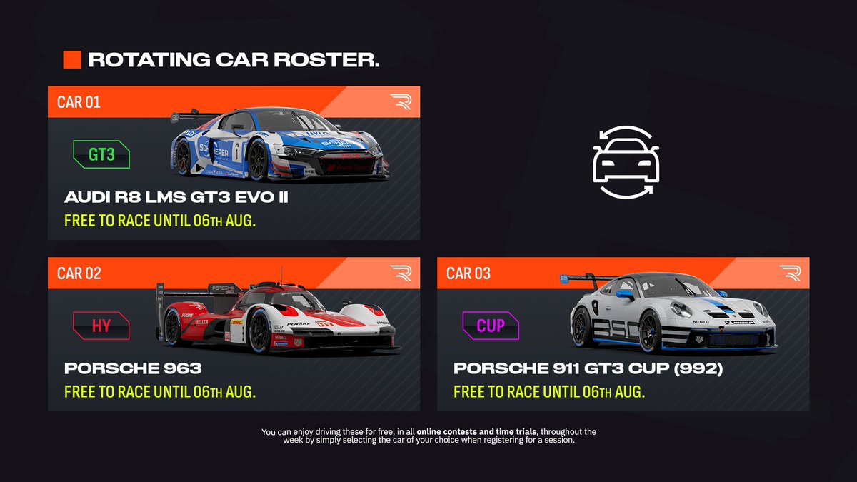 RENNSPORT (@rennsport_gg) on Twitter photo NEW Car Roster Available! 🔀
🔵 Audi R8 LMS GT3 evo II
🔴 Porsche 963
⚪️ Porsche 911 GT3 Cup (992)
GT3, LMDh and Cup—three classes to choose from in this week’s updated roster selection! Which is your favourite to drive?
#RENNSPORT #SimRacing NEW Car Roster Available! 🔀
🔵 Audi R8 LMS GT3 evo II
🔴 Porsche 963
⚪️ Porsche 911 GT3 Cup (992)
GT3, LMDh and Cup—three classes to choose from in this week’s updated roster selection! Which is your favourite to drive?
#RENNSPORT #SimRacing