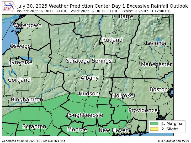 WPC issues Day 1 Marginal Risk Excessive Rainfall Outlook at Jul 30, 8:30z for ALY wpc.ncep.noaa.gov/qpf/excessive_…