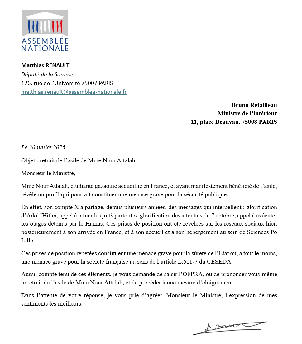 ✈️ Mme Nour Attalah doit perdre son statut de réfugiée, et être expulsée.

Après la révélation de ses prises de position antisémites, pro-nazies, et glorifiant les attentats du 7 octobre, elle constitue d'évidence une menace pour la France.

Mon courrier à Bruno Retailleau 👇