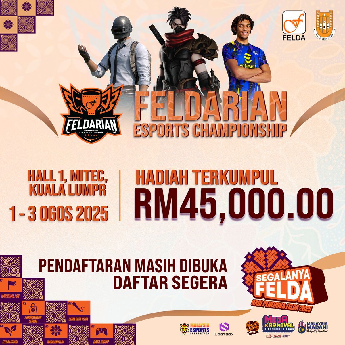 kaki games? dak dak esport?.. 
prize poll RM45,000 tu... 
nah korang sempat lagi ni daftar kat link ni
linktr.ee/FELDARIANESPOR…

#MK3D2025 #DesakuMendunia #RancakkanMADANI #SupportLocal
