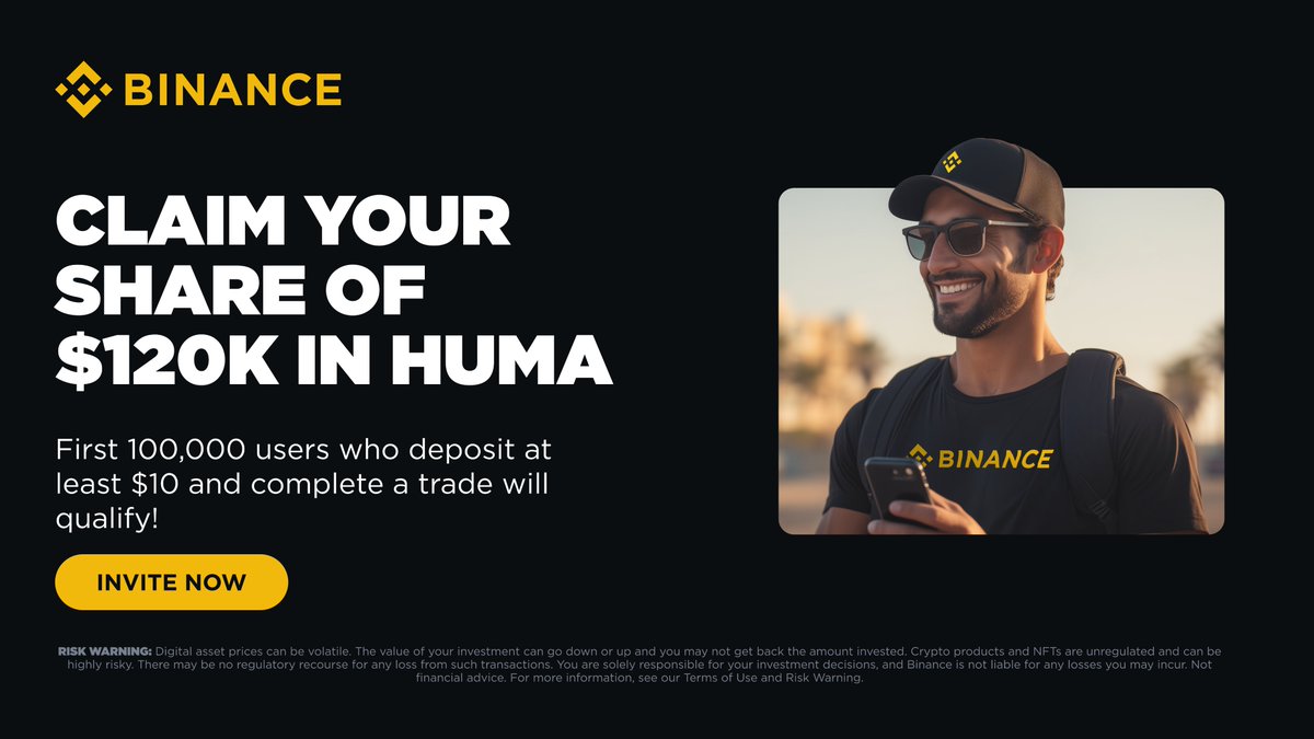 🚀 South Asia Exclusive!
Deposit crypto &amp; trade on Binance to share $120K in HUMA rewards! 🎉

Be among the first 100,000 verified users to complete simple tasks and earn 30 HUMA tokens each. This is your moment—don’t miss out! ⏳

🔗 Participate now: binance.com/en/activity/mi…
📋