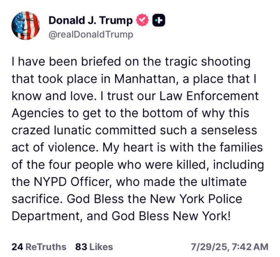 Gun violence in New York.  Very  unfortunate.  
President Trump posted as well.