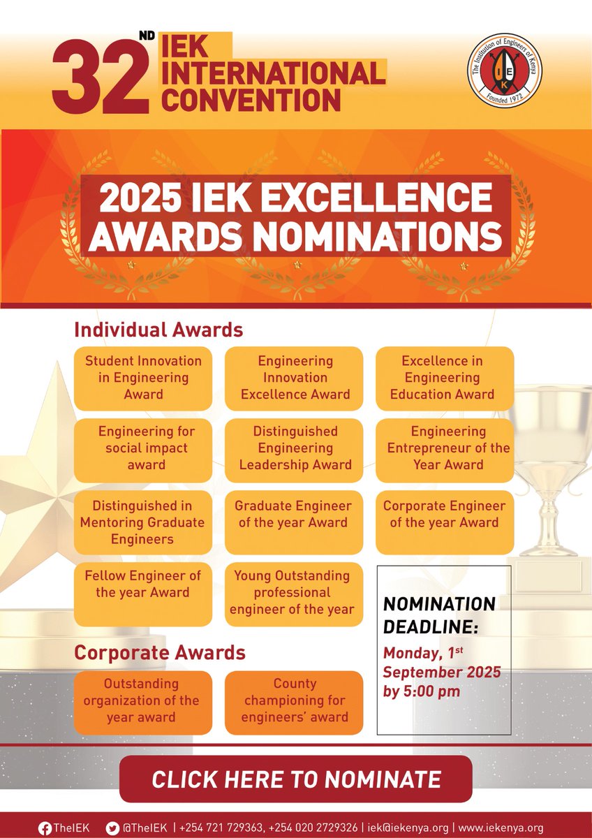 The 2025 IEK Excellence Awards Nominations are now open and will be presented during the 32nd IEK International Convention taking place from 25th - 28th November 2025 at PrideInn Paradise Beach Resort &amp; Spa Mombasa.

These prestigious awards honour individuals and organizations