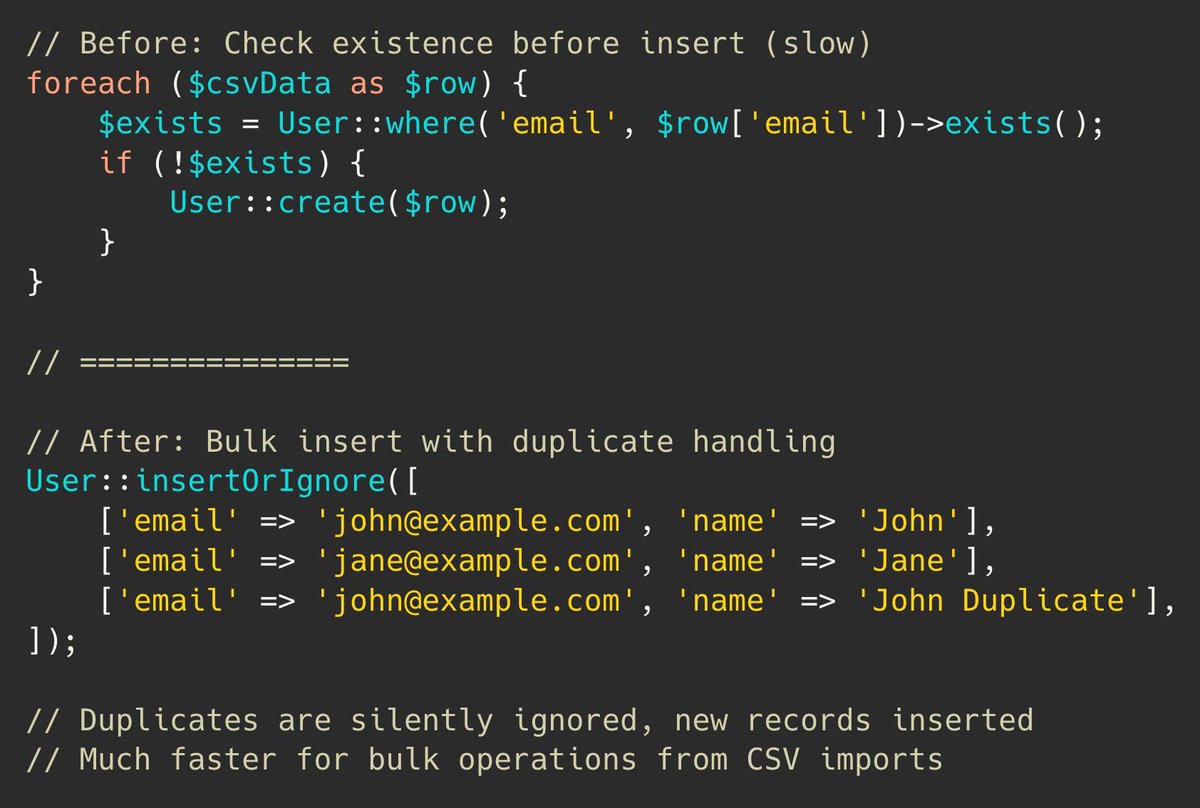 PovilasKorop's tweet image. Laravel tip.
Use `insertOrIgnore()` to insert records and skip duplicates without errors!
Perfect for bulk imports where some records might already exist.
Silently ignores constraints instead of throwing exceptions.
Link to docs: laravel.com/docs/12.x/quer…
#practicalLaravelDocs