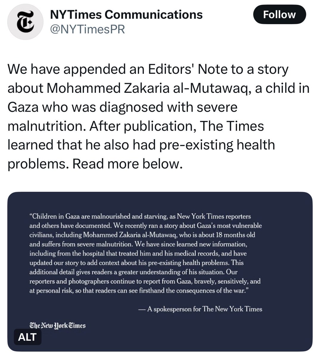 Le New York Times admet enfin ce que toute personne dotée de bon sens sait déjà : la photo du garçon squelettique, aux côtés de sa mère qui, elle, n'est pas affamée, dans une famille dont on sait, grâce à d'autres clichés, qu’un frère en bonne santé est également présent, ne