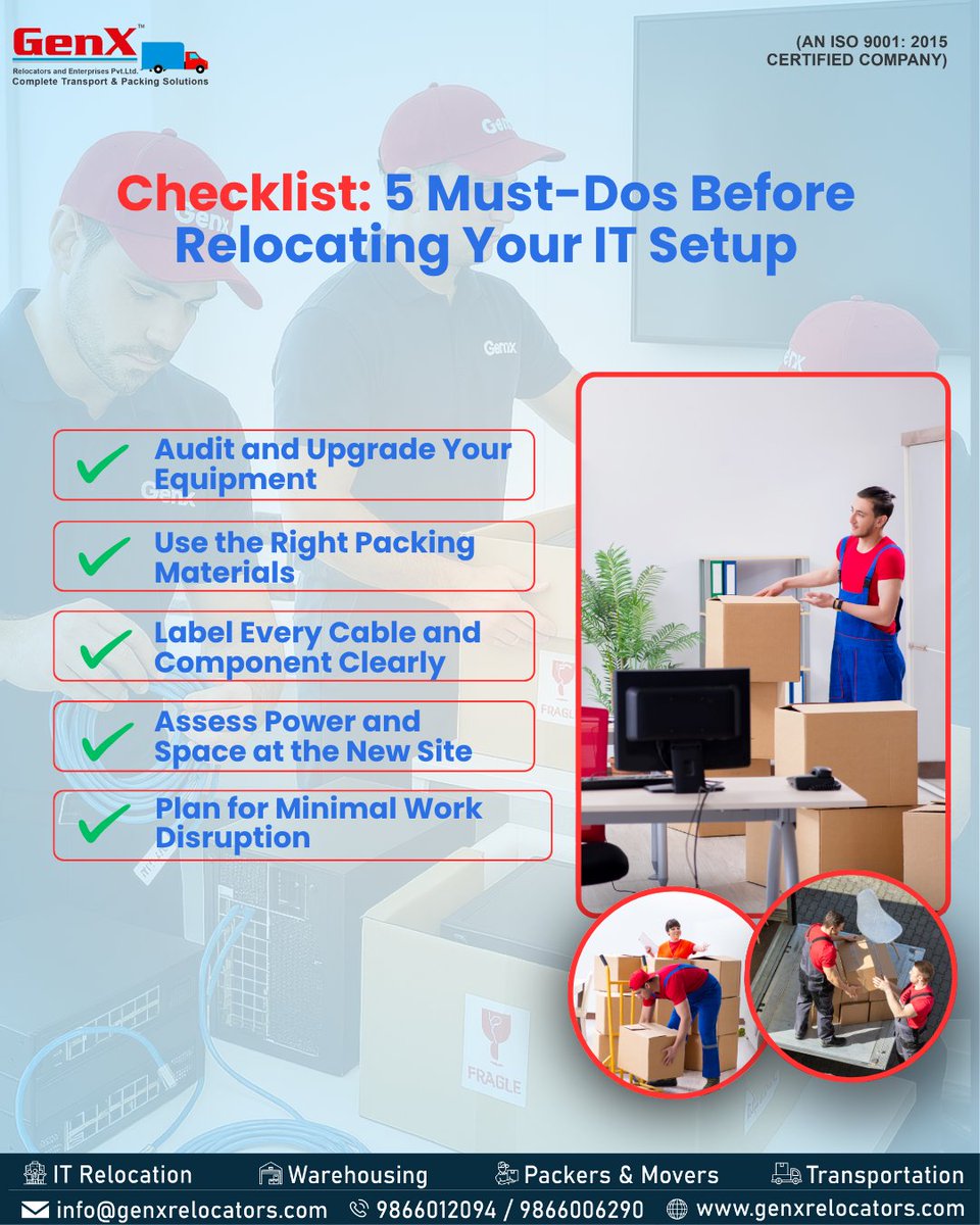 GenxRelocators's tweet image. Relocating your IT setup without a solid checklist? Disaster! From tangled cables to business downtime—every detail matters. Start with the basics, move with a plan, and let GenX handle the rest. Tag someone who needs this checklist!
#TechRelocation #ITRelocation #TechChecklist