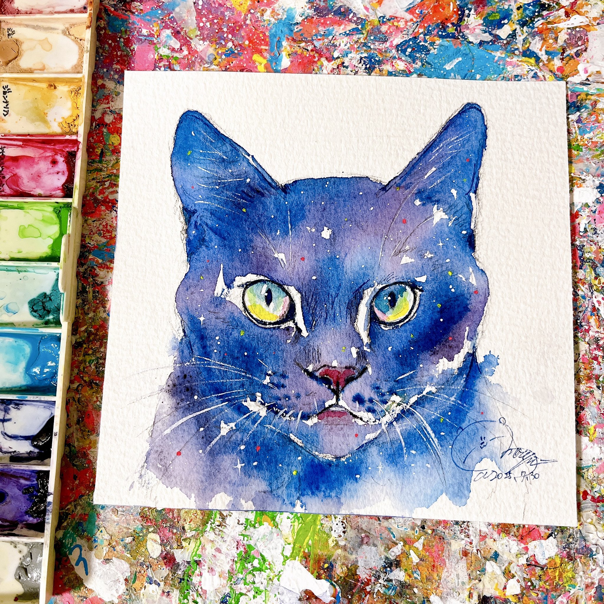 原画#3443　黒猫　紅葉　ニース　フランス　水彩画　ドローイング　インテリア 原画#3915 黒猫 ニース フランス アート ドローイング 水彩画