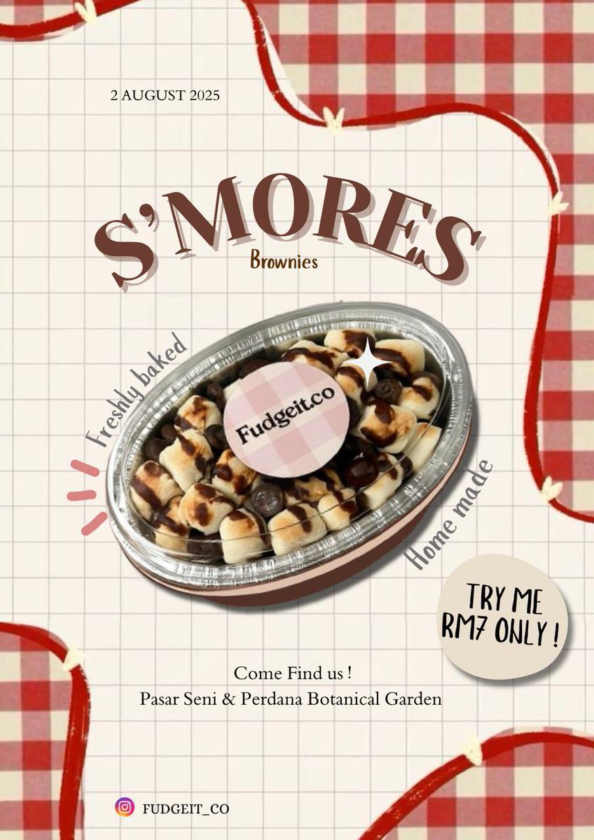 Hi everyone 🤗

We are introducing our S’mores brownies is at only RM7 ! 

Freshly baked, homemade, and packed with melty goodness 🍫

Catch us at Pasar Seni &amp; Perdana Botanical Garden this 2nd August 🧺

#kualalumpur #sukadessert #browniesmurah #pasarseni