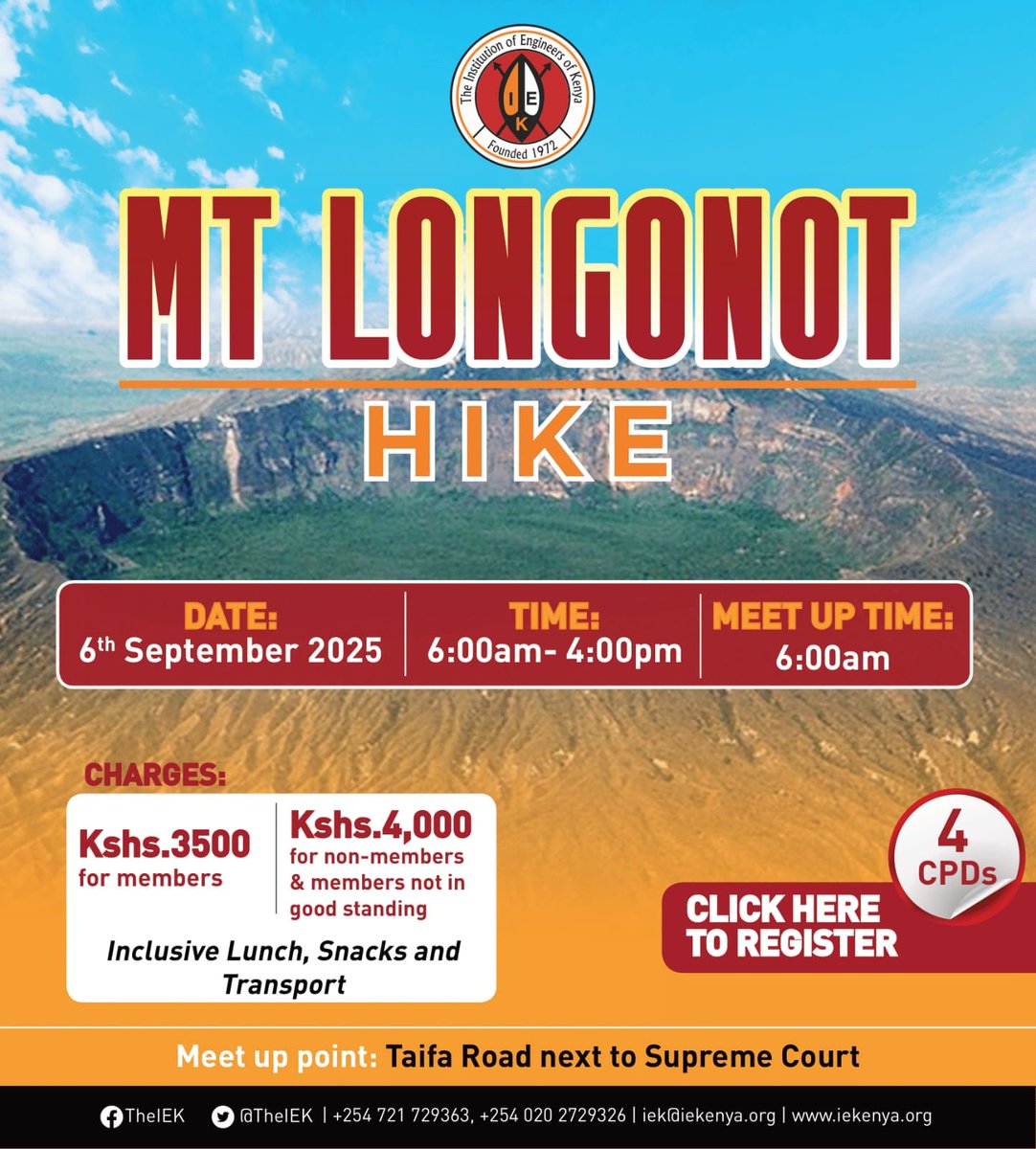 Join us for an adventurous Mt. Longonot hike on 6th September 2025 from 6:00am to 4:00pm.

Meet-up Point: Taifa Road next to Supreme Court at 6:00am.

Charges:
* Members: Ksh 3,500
* Non-members/Members not in good standing: Ksh 4,000
(Inclusive of lunch, snacks &amp; transport)