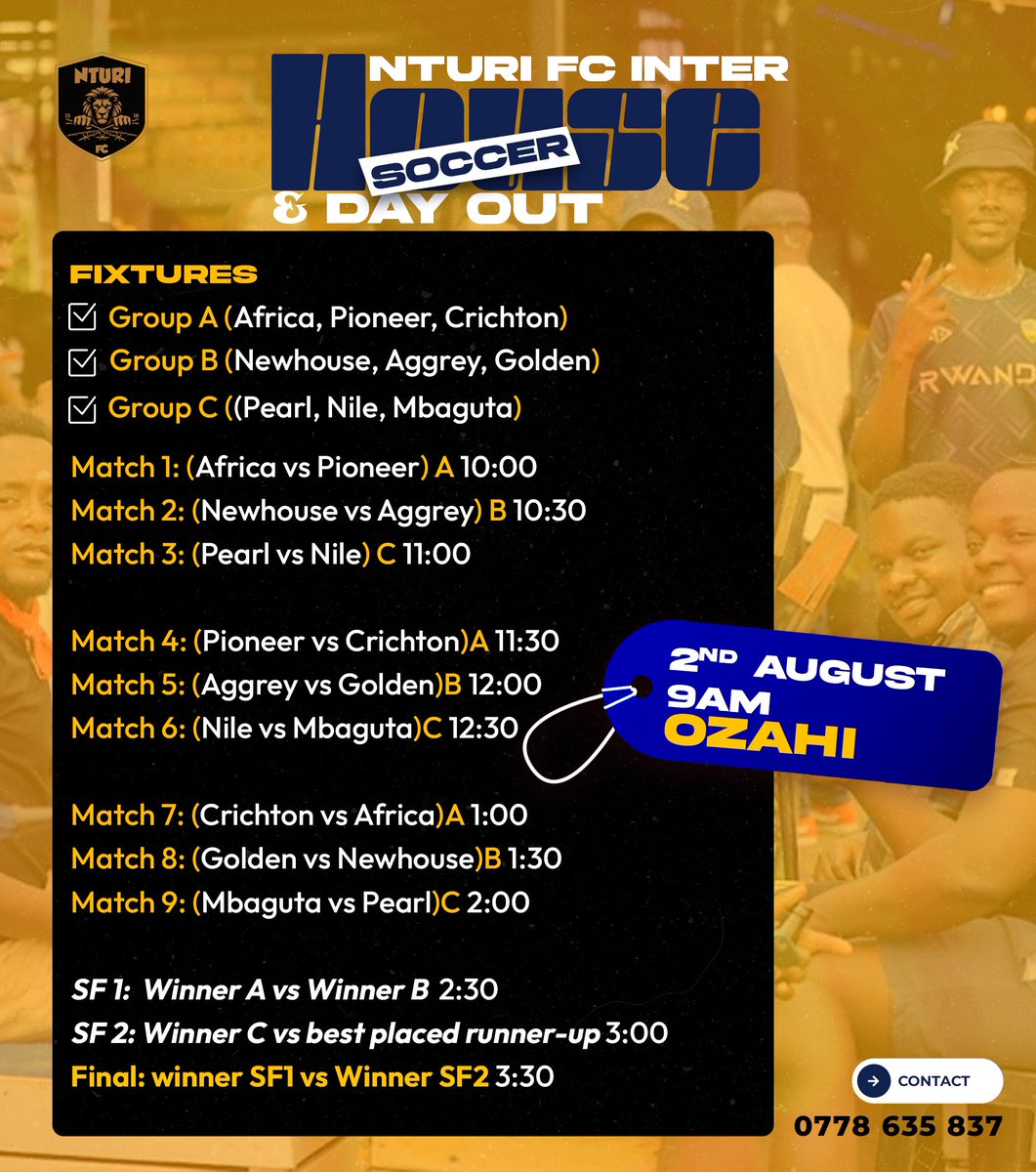 The groups are locked in and the fixtures are here for the <a href="/FcNturi/">Nturi FC</a>  Inter house tournament this weekend.

Come and witness top soccer and lots of fun activities.
📌 <a href="/X__arena__/">Ozahi</a> 
KO 10:00am
#COYE

In partnership with <a href="/MartinTwin32346/">Martwinom Liquor store</a> | <a href="/JonathanTaremwa/">Jownathan⚪</a>