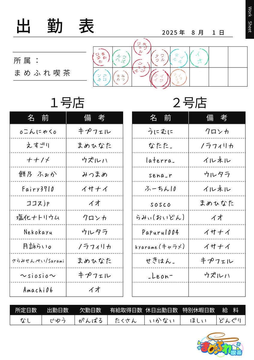 ╭┈ · · ·   営業のお知らせ✨   · · · ┈╮

　　本日 8月1日（金） 22～23時
　　まめふれ喫茶 が営業します☕
　 ・グループJoin
　 ・2インスタンス（出勤表有）
　 ・その他下記参照 #まめふれんず
　　  vrc.group/MAME.3792

╰┈ · · ·  お待ちしています🌱· · · ┈╯