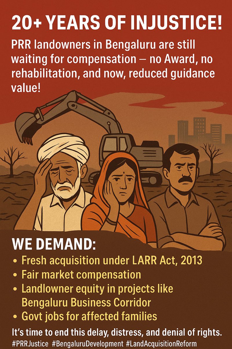 jagadishreddyx's tweet photo. 🚨 20+ Years of Injustice!
PRR landowners in Bengaluru are still denied compensation.
❌ No award
❌ No rehabilitation
❌ Reduced guidance value

🛑 We demand LARR 2013-based compensation, equity in projects, and govt jobs!
#PRRJustice #BDA #LandRights #BengaluruDevelopment https://t.co/CYw7Sy7nzo