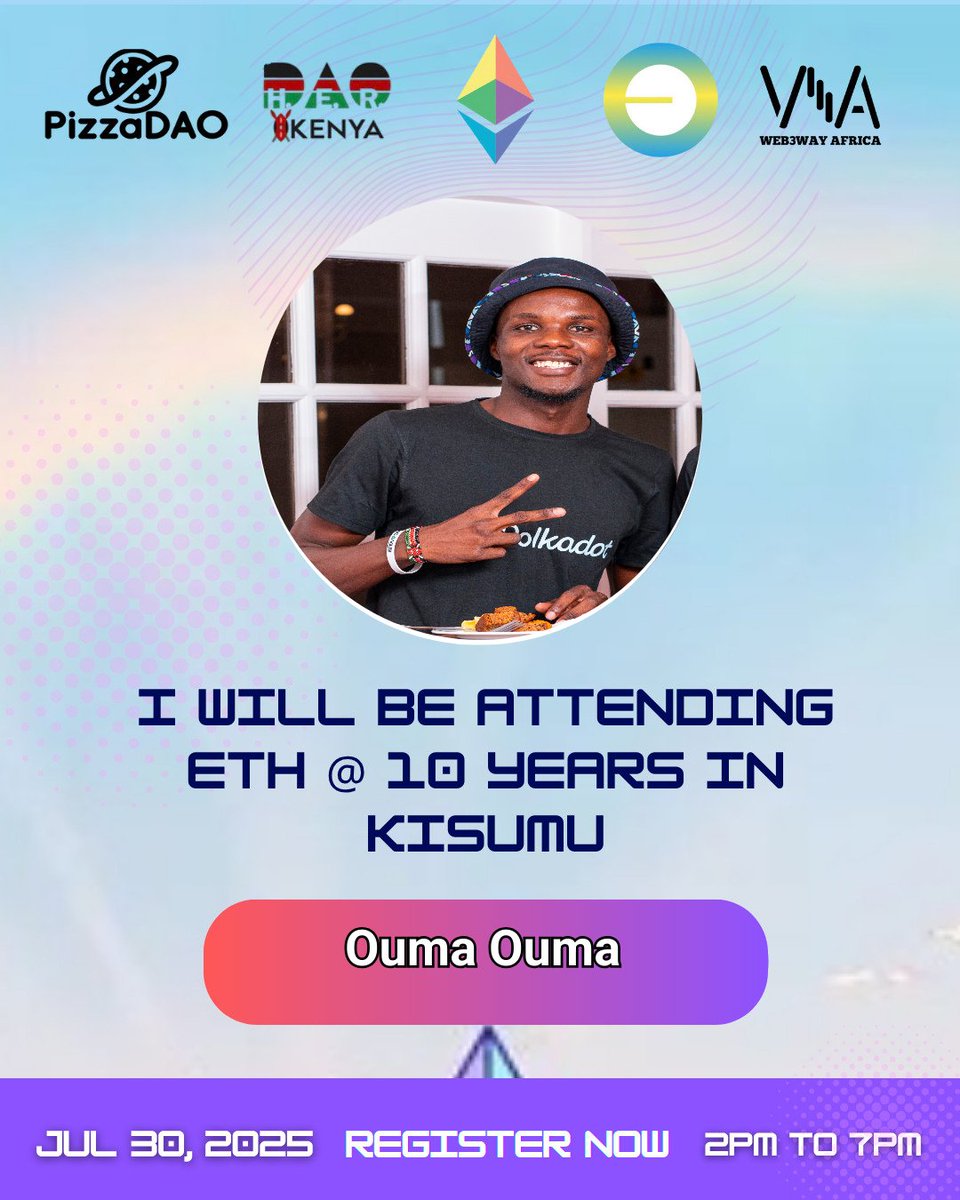 Ouma Ouma (@ouma_godwin1) on Twitter photo Geared for today 🎉 attending <a href="/ethereum/">Ethereum</a> turns 10 Years!
The location: Kisumu
The Time: 2PM
Locked in with <a href="/BasedEastAfrica/">Base - East Africa</a> <a href="/Pizza_DAO/">PizzaDAO.eth 🍕🏴☠️</a> <a href="/Web3WayAfrica/">Web3way Africa</a> 
Grab your poster here :
ethereum-10yrs-kisumu.netlify.app Geared for today 🎉 attending <a href="/ethereum/">Ethereum</a> turns 10 Years!
The location: Kisumu
The Time: 2PM
Locked in with <a href="/BasedEastAfrica/">Base - East Africa</a> <a href="/Pizza_DAO/">PizzaDAO.eth 🍕🏴☠️</a> <a href="/Web3WayAfrica/">Web3way Africa</a> 
Grab your poster here :
ethereum-10yrs-kisumu.netlify.app