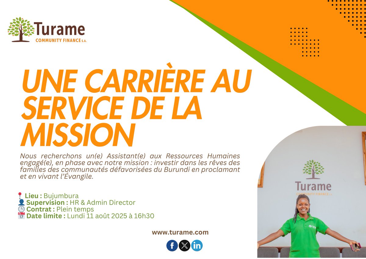 Nous recherchons un(e) Assistant(e) aux Ressources Humaines engagé(e), en phase avec notre mission : investir dans les rêves des familles des communautés défavorisées du Burundi en proclamant et en vivant l’Évangile.
turame.com/2025/07/30/une…