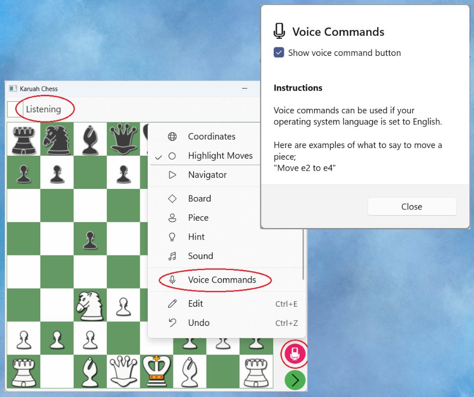 KaruahSoftware's tweet photo. Voice commands in Karuah Chess for Windows have now been updated. Once activated, you can move pieces on the board using voice commands. 

To get the coordinates of a position, select the "Coordinates" option in the menu.

When the listening indicator is flashing, say commands. https://t.co/JWLX9F4e15