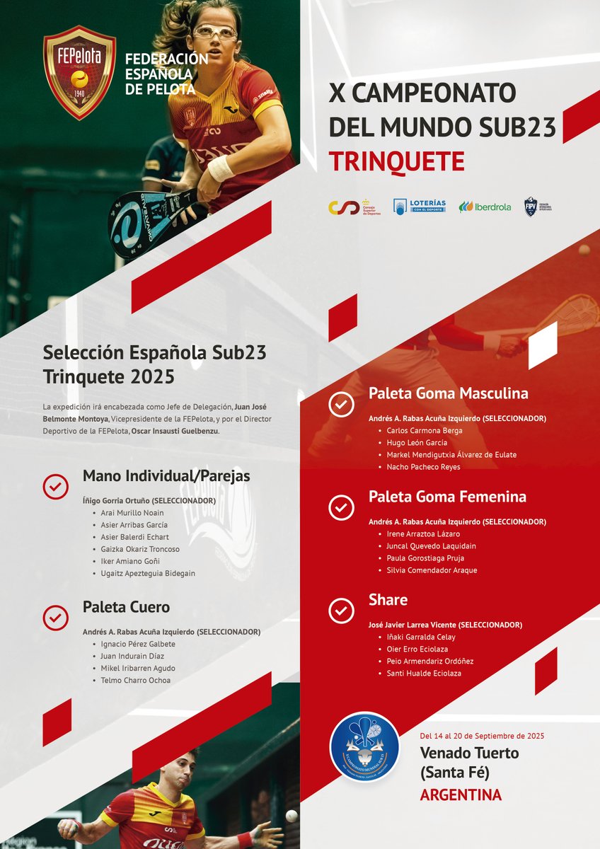 SELECCIÓN ESPAÑOLA SUB23 DE TRINQUETE 2025

💪Mucho ánimo, equipo
Lleváis el esfuerzo, la pasión y el orgullo de toda la FEPelota.
¡Disfrutar de la experiencia 🙌y a darlo todo en esta gran cita internacional!

🎉VAMOS ESPAÑA 🇪🇸