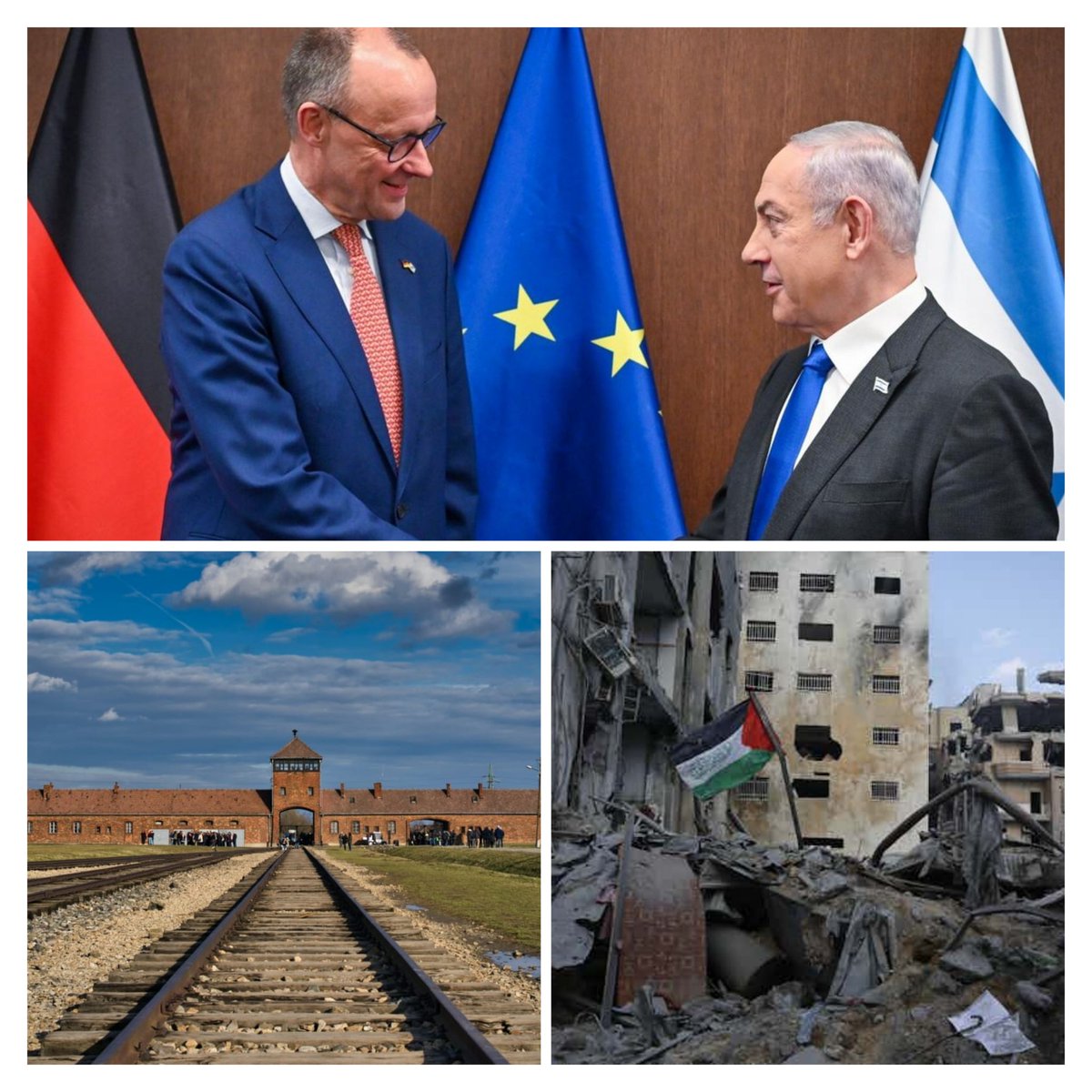 Gobiernos alemanes apostaron por hacer Memoria Histórica de los campos de concentración nazi para no repetir la historia, y ahora ellos mismos colaboran para que los sionistas hagan lo mismo en Gaza. Segundo exportador de armas a Israel en el genocidio es Alemania. ¡Hipócritas!