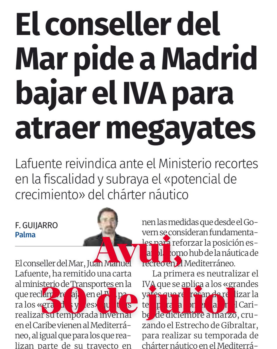 🤷🏻‍♂️Un capítol més de les incoherències del PP👇🏼

👉🏼 23 de juliol: Ens queixam del lloguer turístic d’embarcacions privades. (El PSIB ha negociat amb el Ministeri i ho ha aconseguit aturar)

👉🏼 Avui: Demanam baixar l’IVA per perquè venguin més ‘megayates’ i així saturar les nostres