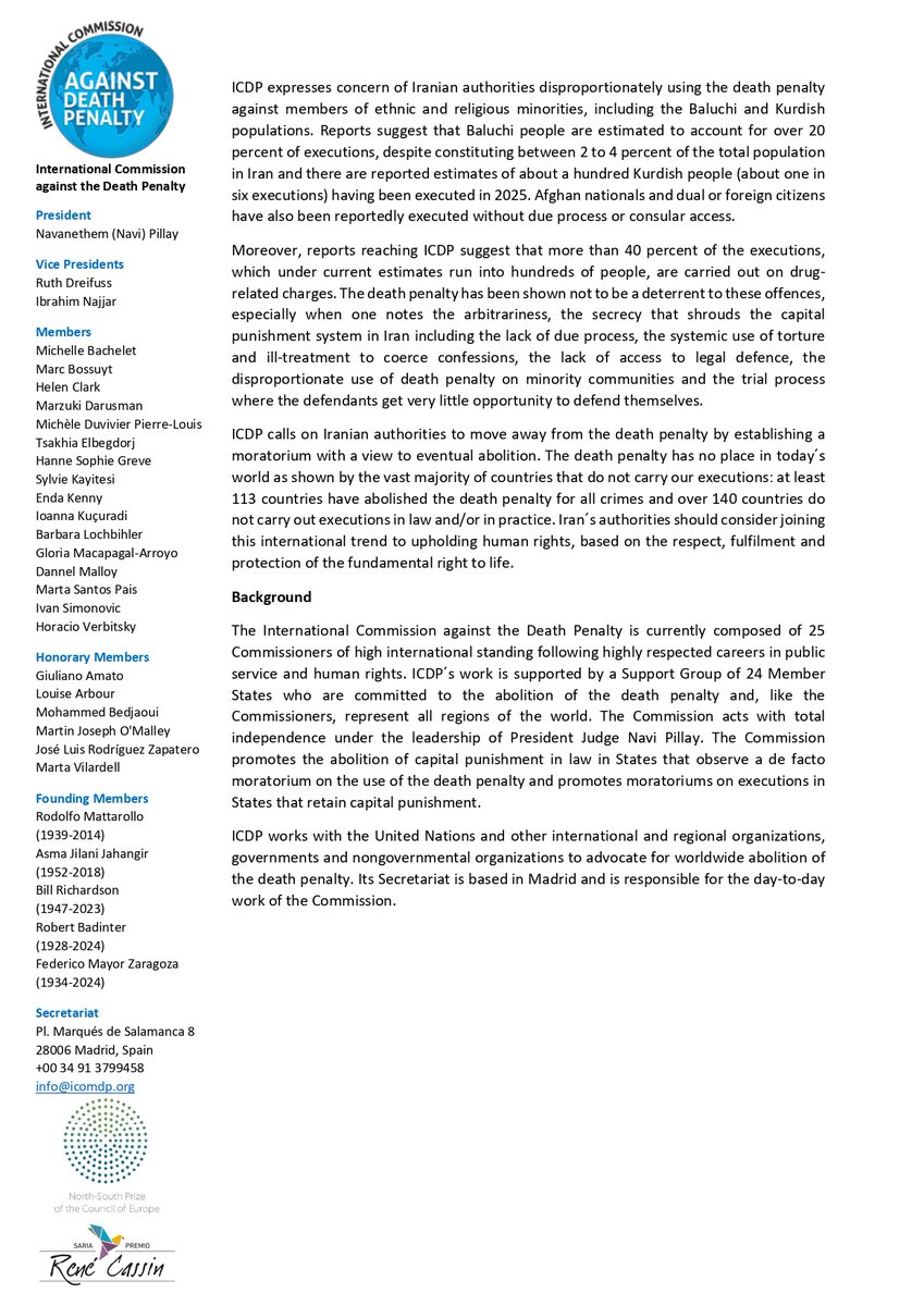 M. Hanif Jazayeri (@hanifjazayeri) on Twitter photo 🚨 New statement by the International Commission against the Death Penalty (<a href="/ICOMDP/">International Commission against the Death Penalty</a>) warns of rising executions in Iran, like that of Behrouz Ehsani and Mehdi Hassani
📢 Urgent UN intervention needed to #StopExecutionsInIran
CC: <a href="/volker_turk/">Volker Türk</a> <a href="/BobRae48/">Bob Rae</a> <a href="/drmaisato/">Mai Sato (@drmaisato.bsky.social)</a> <a href="/AgnesCallamard/">Agnes Callamard</a> 🚨 New statement by the International Commission against the Death Penalty (<a href="/ICOMDP/">International Commission against the Death Penalty</a>) warns of rising executions in Iran, like that of Behrouz Ehsani and Mehdi Hassani
📢 Urgent UN intervention needed to #StopExecutionsInIran
CC: <a href="/volker_turk/">Volker Türk</a> <a href="/BobRae48/">Bob Rae</a> <a href="/drmaisato/">Mai Sato (@drmaisato.bsky.social)</a> <a href="/AgnesCallamard/">Agnes Callamard</a>