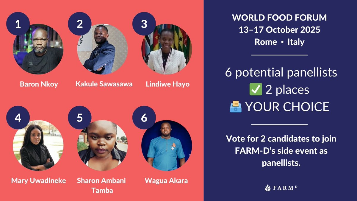 🚨  Last chance to vote!

Help us select the 2 panellists who will travel to #Rome 🇮🇹   to represent the FARM-D Community at our side event: “Youth in Action: Driving Innovation and Technology for Sustainable and Risk-Smart Agriculture.”

The World Food Forum is a global stage