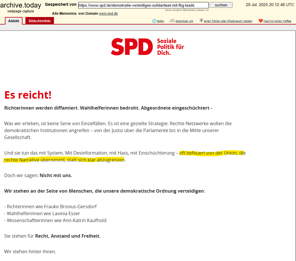 Wie rückratlos willst du sein?

SPD: Ja.

(Der Teil "oft befeuert von der Union, die rechte Narrative übernimmt, statt sich klar abzugrenzen" ist entfernt worden)