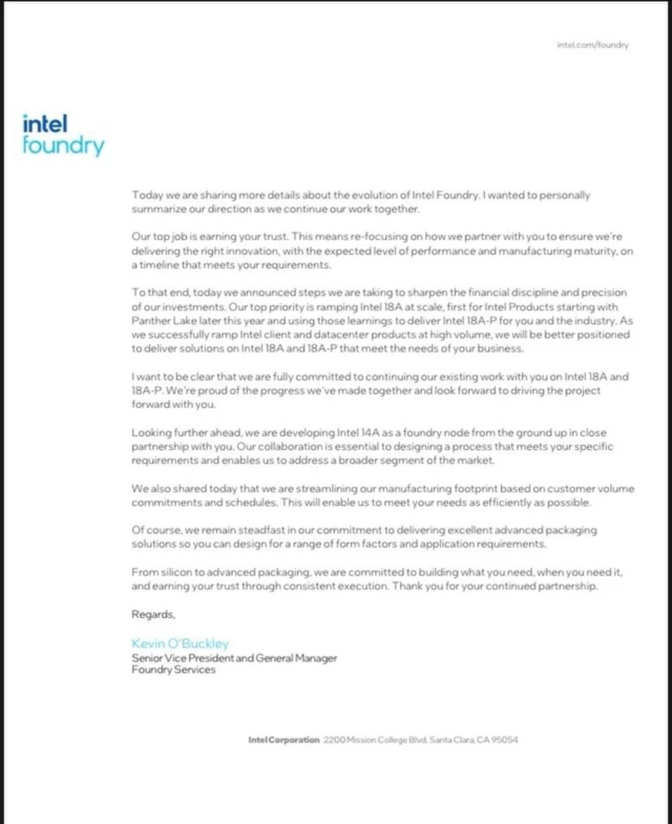 GM of Intel Foundry business sent this letter to customers.  18AP hasn't been canceled as was claimed by media a few weeks ago.