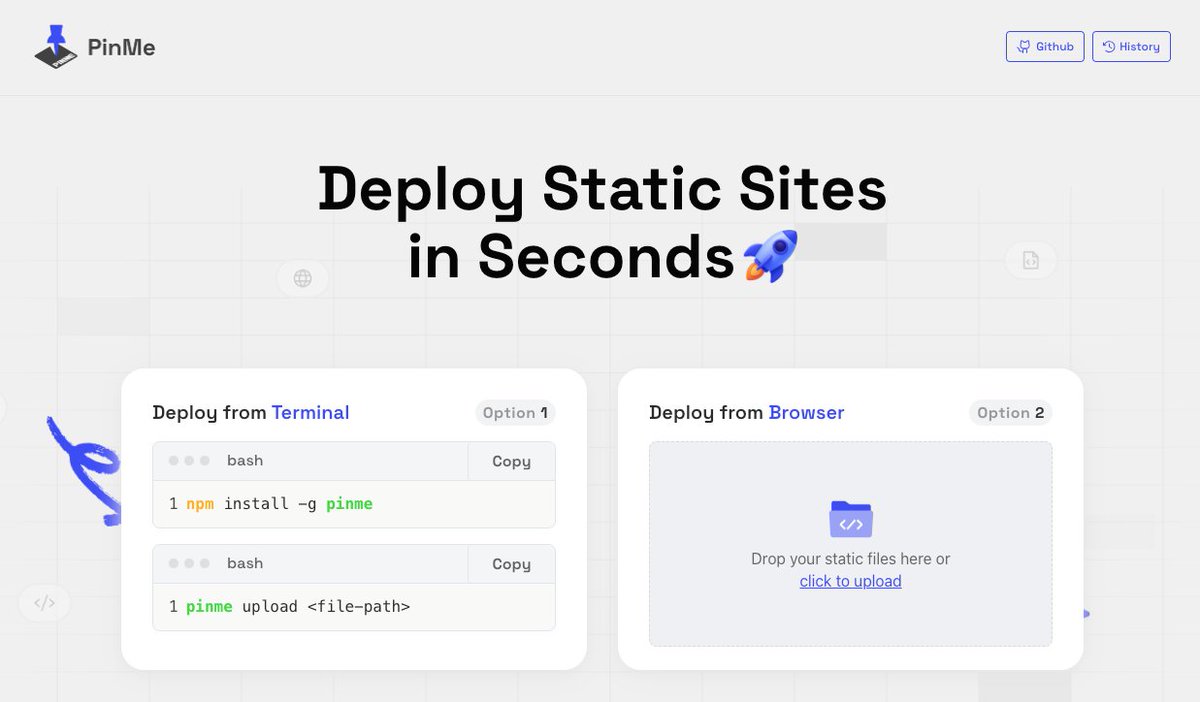 GitHub_Daily's tweet image. 平时想部署个人网站或展示作品，除了要购买服务器，还要进行复杂的配置，对技术小白来说，门槛颇高。

这时候，PinMe 这款极简且强大的去中心化部署工具，就能派上用场了，仅需一行命令即可发布网站或文件。

无需复杂的服务器配置，还可获得唯一不可篡改的访问地址，甚至支持绑定 ENS…