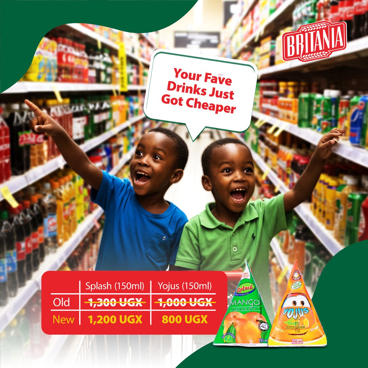 britania_uganda's tweet image. Your favorite drinks just got cheaper 😎
✨ Splash 150ml: 1,200 UGX
✨ Yojus 150ml: 800 UGX
Same flavor. Less cash.

#PriceDrop #valueformoney