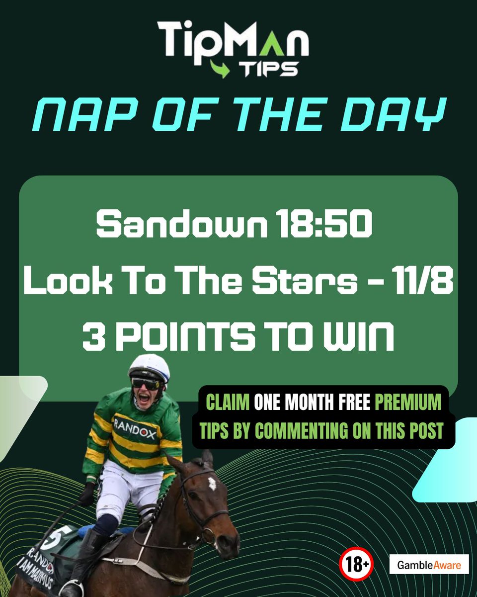 🟩 NAP of the Day – 18:50 Sandown
Look To The Stars ⭐ 11/8
Charlie Appleby’s 400k 2yo ran a cracker on debut and should improve plenty. Best form in the race and yard is flying – big chance to go one better.
📲 Free daily tips – NAP, Dark Horse, Lucky 15
⚽ Football accas &amp; bet
