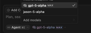 Funny how if you add “gpt-5-alpha” as a custom model in Cursor, it automatically recognizes it as an official model with the “brain” symbol.