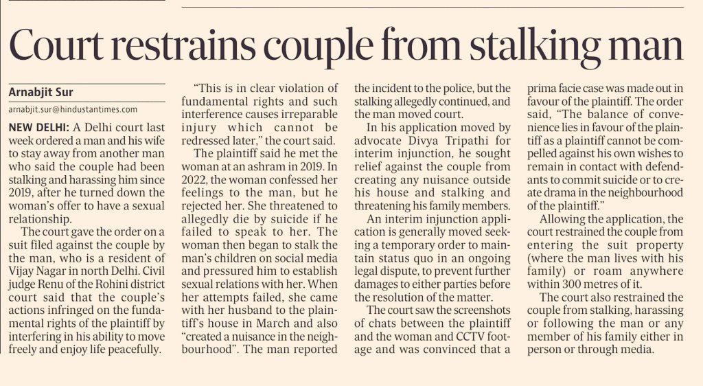 Good judgment from Delhi Court giving relief to man who was being forced to get into a sexual relationship by a woman &amp; was being stalked by her incessantly 

Men who face constant threats of false allegations or suicide by a woman forcing them to be in relationship can use this