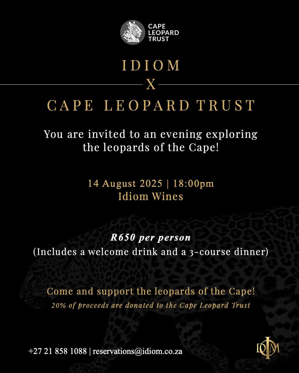 Cape Leopard Trust (CLT) (@capeleopardtrst) on Twitter photo Enjoy great food &a great cause? Join us at Idiom for a fundraising dinner in support of the <a href="/CapeLeopardTrst/">Cape Leopard Trust (CLT)</a> , who will also share a 45-minute talk on their work conserving the leopards of the Cape. 20% of all proceeds go directly to the CLT.
reservations@idiom.co.za
0218581088 Enjoy great food &a great cause? Join us at Idiom for a fundraising dinner in support of the <a href="/CapeLeopardTrst/">Cape Leopard Trust (CLT)</a> , who will also share a 45-minute talk on their work conserving the leopards of the Cape. 20% of all proceeds go directly to the CLT.
reservations@idiom.co.za
0218581088