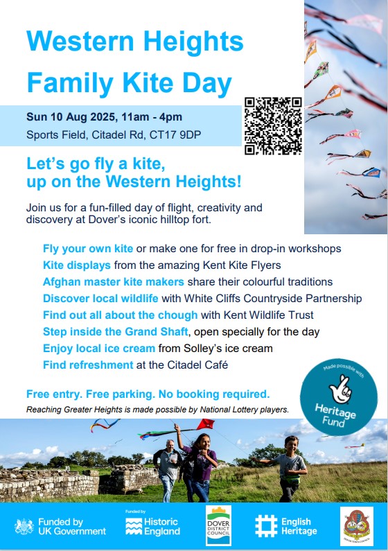 Flying kites on the Western Heights – join us for a free fun-filled family day at the Western Heights Family Kite Day at the Sports Field, Citadel Road, Dover from 11am-4pm on Sunday 10 August