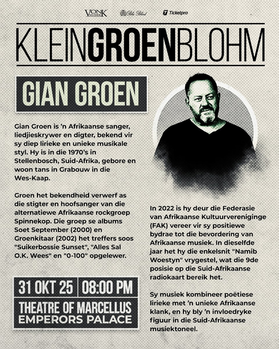 Vonk Musiek (@vonkmusiek) on Twitter photo Ontmoet die digter Gian Groen
Van ๐บ๐๐๐๐๐๐๐๐ tot ๐บ๐๐๐๐๐๐๐ , Gian bring poรซsie tot lewe met elke woord
๐
31 Oktober 2025
๐Theatre Of Marcellus , Emperors Palace
๐ซ ticketpros.co.za/.../f236ef42-dโฆ...
Kry jou kaartjies vandag nog
#VonkMusiek #AfrikaanseMusiek #Afrikaans Ontmoet die digter Gian Groen
Van ๐บ๐๐๐๐๐๐๐๐ tot ๐บ๐๐๐๐๐๐๐ , Gian bring poรซsie tot lewe met elke woord
๐
31 Oktober 2025
๐Theatre Of Marcellus , Emperors Palace
๐ซ ticketpros.co.za/.../f236ef42-dโฆ...
Kry jou kaartjies vandag nog
#VonkMusiek #AfrikaanseMusiek #Afrikaans