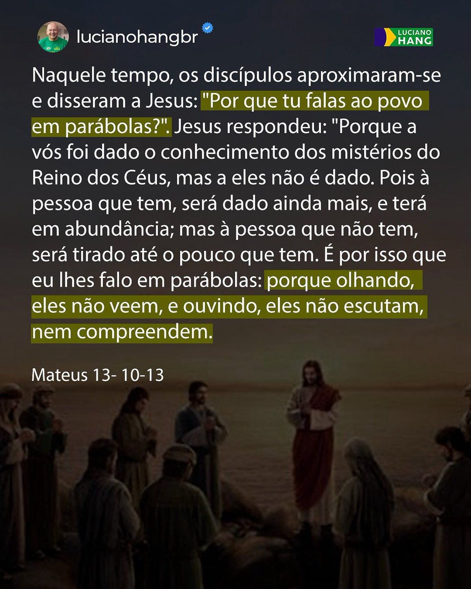 As palavras de Jesus continuam atuais e poderosas até hoje!

Recentemente, participei de uma missa aqui em Brusque (SC), minha cidade, e um trecho do Evangelho de Mateus me fez refletir profundamente. Já nos tempos de Jesus, era necessário ensinar por meio de parábolas, Ele