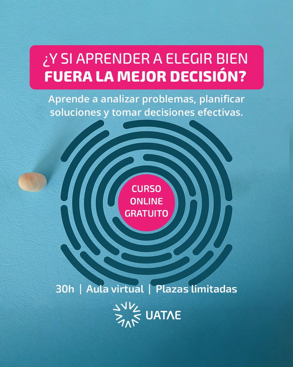 👀 Este curso te da herramientas para analizar problemas, gestionar conflictos y elegir la mejor solución, incluso bajo presión.

✅ Aula virtual
✅ Curso gratuito (30 h)
✅ Plazas limitadas

🔗 Apúntate: uatae.org/analisis-de-pr…

#UATAE #CursoOnline #SoluciónDeProblemas