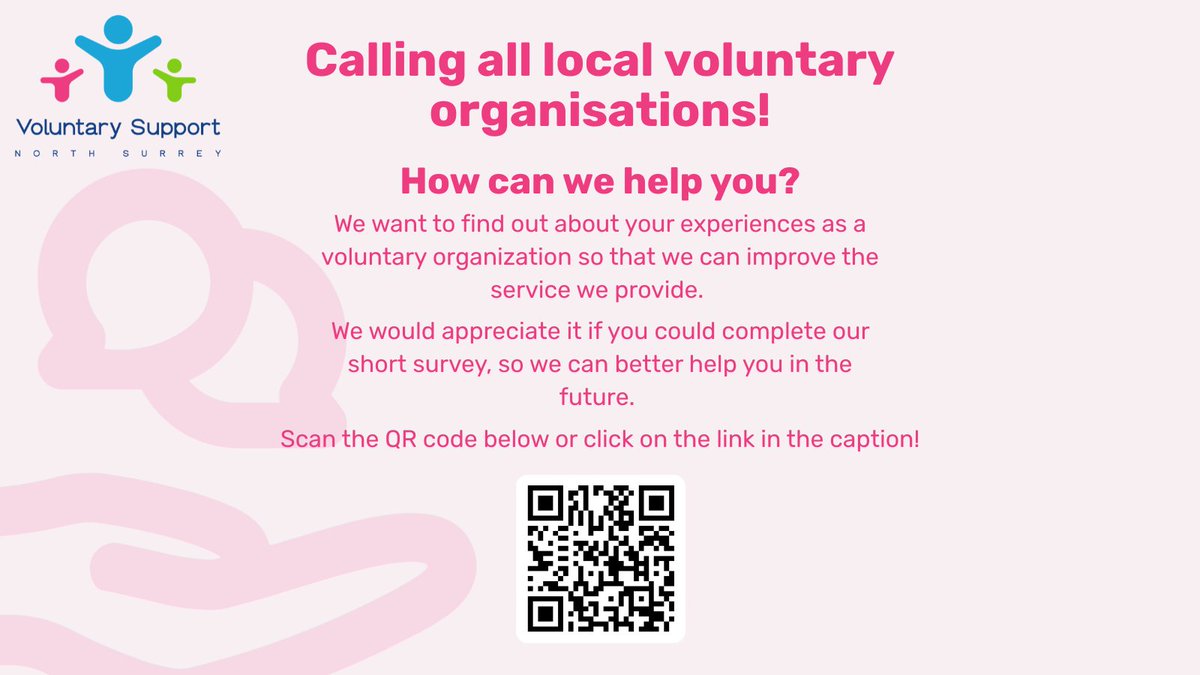 📣 Calling local Voluntary Organisations!
Voluntary Support North Surrey wants your feedback 💬
Help us improve — take our short survey 📝
🔗 Follow this link or scan the QR code to get started 👉  ow.ly/YVZQ50WxbSP
Your voice matters! 🙌
#VSNS #VolntarySupport