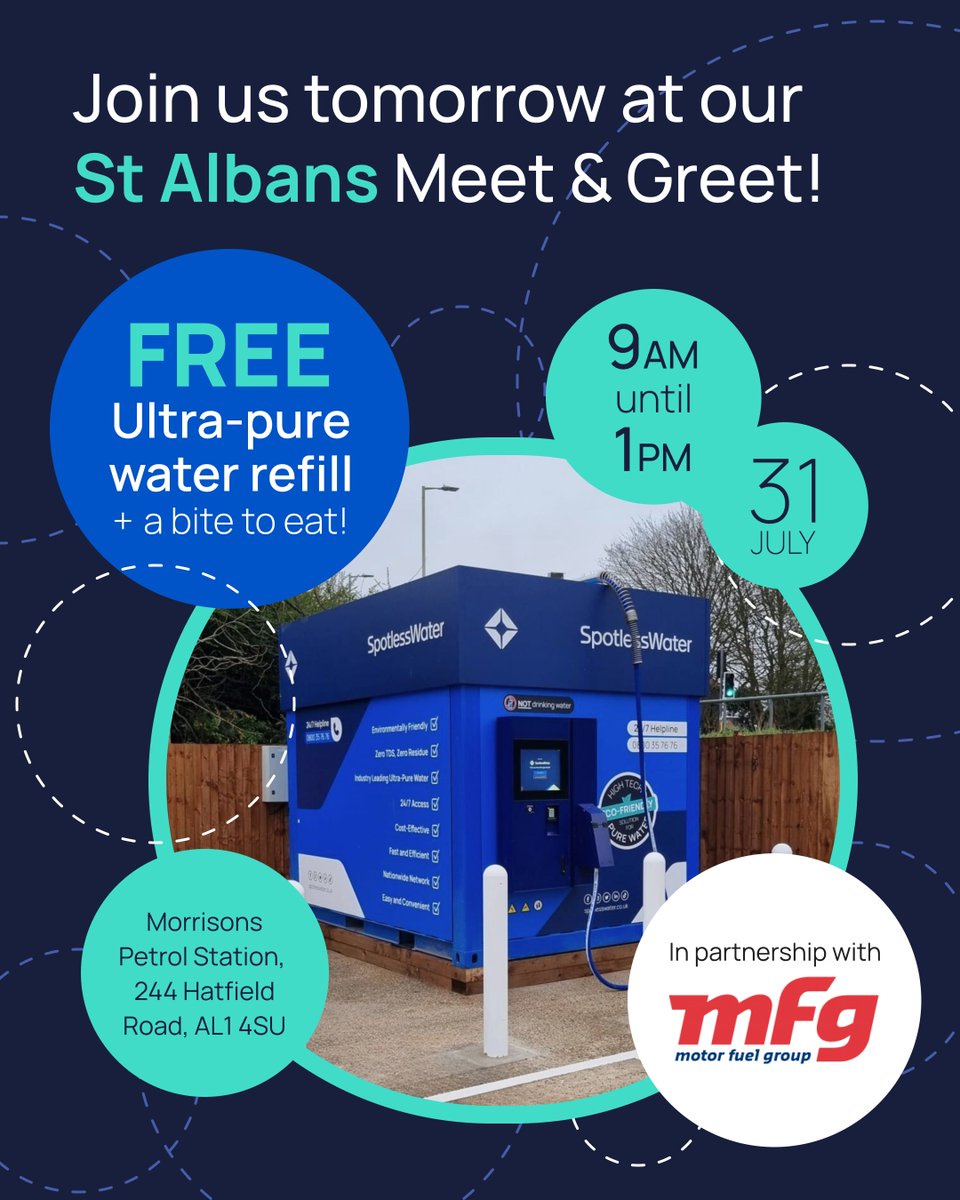 See you tomorrow St Albans!😀 We are gearing up for a fantastic event, in partnership with MFG, at our St Albans SpotlessWater station!🎊

facebook.com/events/1861053… 

#StAlbans #SpotlessWater #ultrapurewater #SpotlessWaterUK