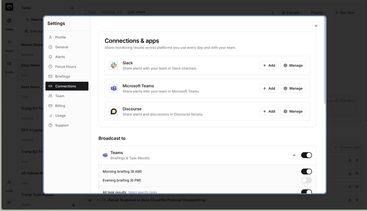 New: 🚨 Share alerts to your apps!

Start sharing news with your team in <a href="/SlackHQ/">Slack</a> + <a href="/MicrosoftTeams/">Microsoft Teams</a>. Give your team shared intelligence by having your AI analyst alert the team to market moving news.

Connect your tasks to channels with complete customization. Even send your