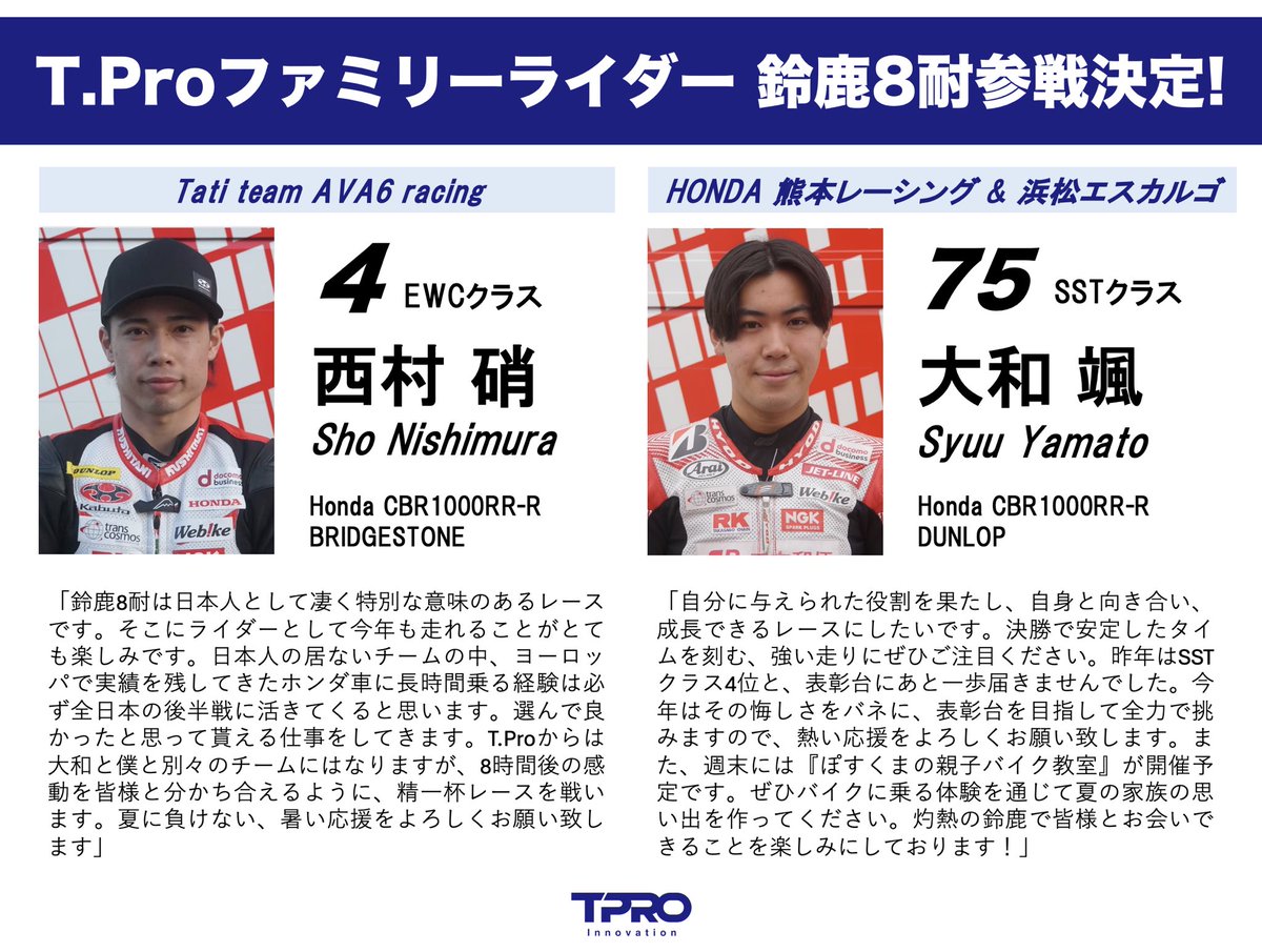 T.Pro.Innovation (@tproinnovation1) on Twitter photo TProファミリーライダー鈴鹿8耐参戦‼️
この度、西村硝選手と大和颯選手が #鈴鹿8耐 に出場することが決定致しました。皆様の想いを乗せて走る二選手へご声援いただけますと幸いです。よろしくお願い致します!
<a href="/nishimura_sho/">西村 硝 sho nishimura</a>
<a href="/syuu1001/">Syuu Yamato / 大和颯</a>
#ティープロ #鈴鹿サーキット #鈴鹿 #西村硝 #大和颯 TProファミリーライダー鈴鹿8耐参戦‼️
この度、西村硝選手と大和颯選手が #鈴鹿8耐 に出場することが決定致しました。皆様の想いを乗せて走る二選手へご声援いただけますと幸いです。よろしくお願い致します!
<a href="/nishimura_sho/">西村 硝 sho nishimura</a>
<a href="/syuu1001/">Syuu Yamato / 大和颯</a>
#ティープロ #鈴鹿サーキット #鈴鹿 #西村硝 #大和颯